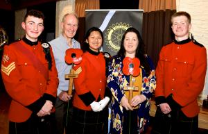 Rotarian Jill Adams (second right) with (l to r) Christian McBrearty, President-Elect Andrew Hilley, Anjipa Malla and Steven Rae. The crosses being held are made from wood reclaimed from dining-room furniture